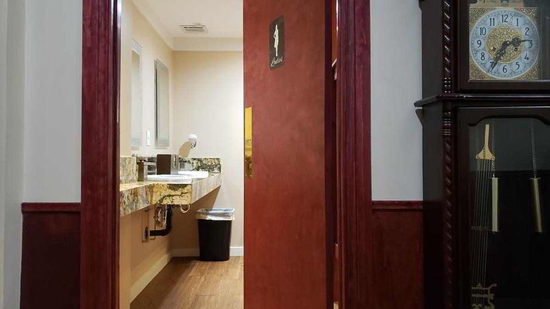 Ladies' room seen through the open door