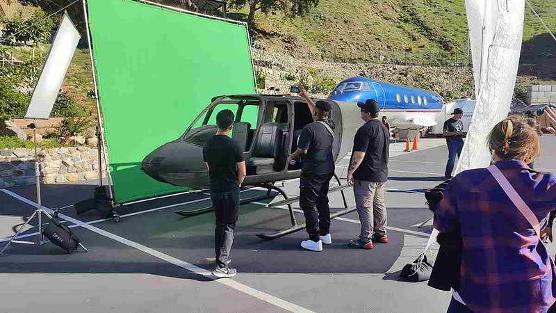 Our JetRanger helicopter in front of a green screen for a music video