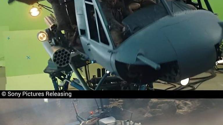 Green screen helicopter shot beside the finished scene (not our helicopter)