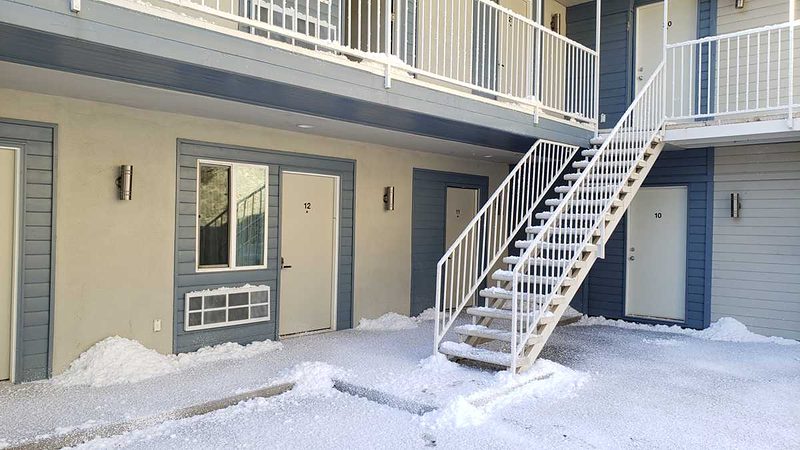 Motel set covered in artificial snow