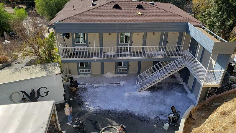 Wide view of the motel set during a snow shoot
