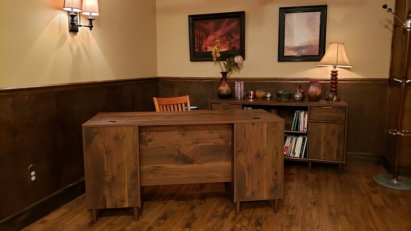 Small vintage office desk and bookcase credenza
