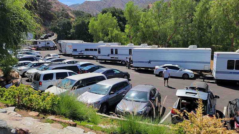 Six production trailers parked on site