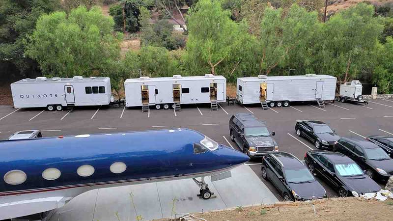 Production trailers parked in a row above the private jet set