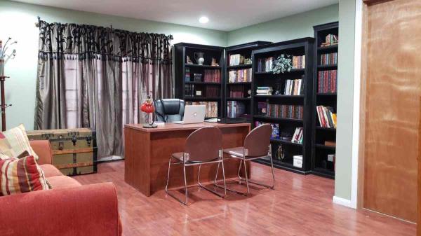 Corner view of the Executive office and some office set dressing. Four bookcases are on set complete with books and other accessories.